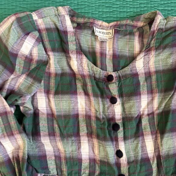 Vintage 90s Dress 16 Purple Green Plaid Flannel Contrast Collar Maxi S. Roberts - Picture 13 of 15